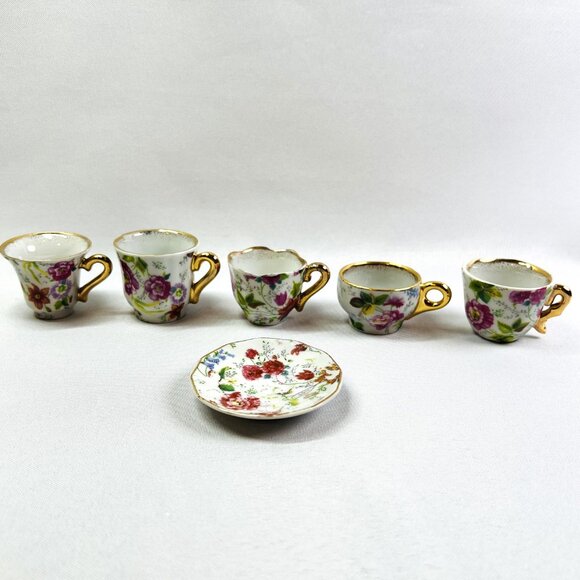 Vintage FIVE Miniature Porcelain Teacups & Plate Pink Floral Rose Gold Gilt - Picture 3 of 10